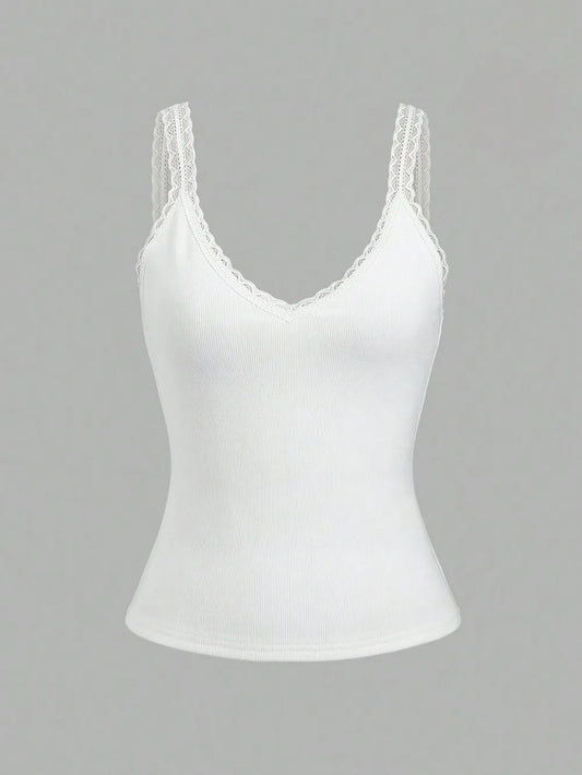 Lace Detail V-Neck Tank in White