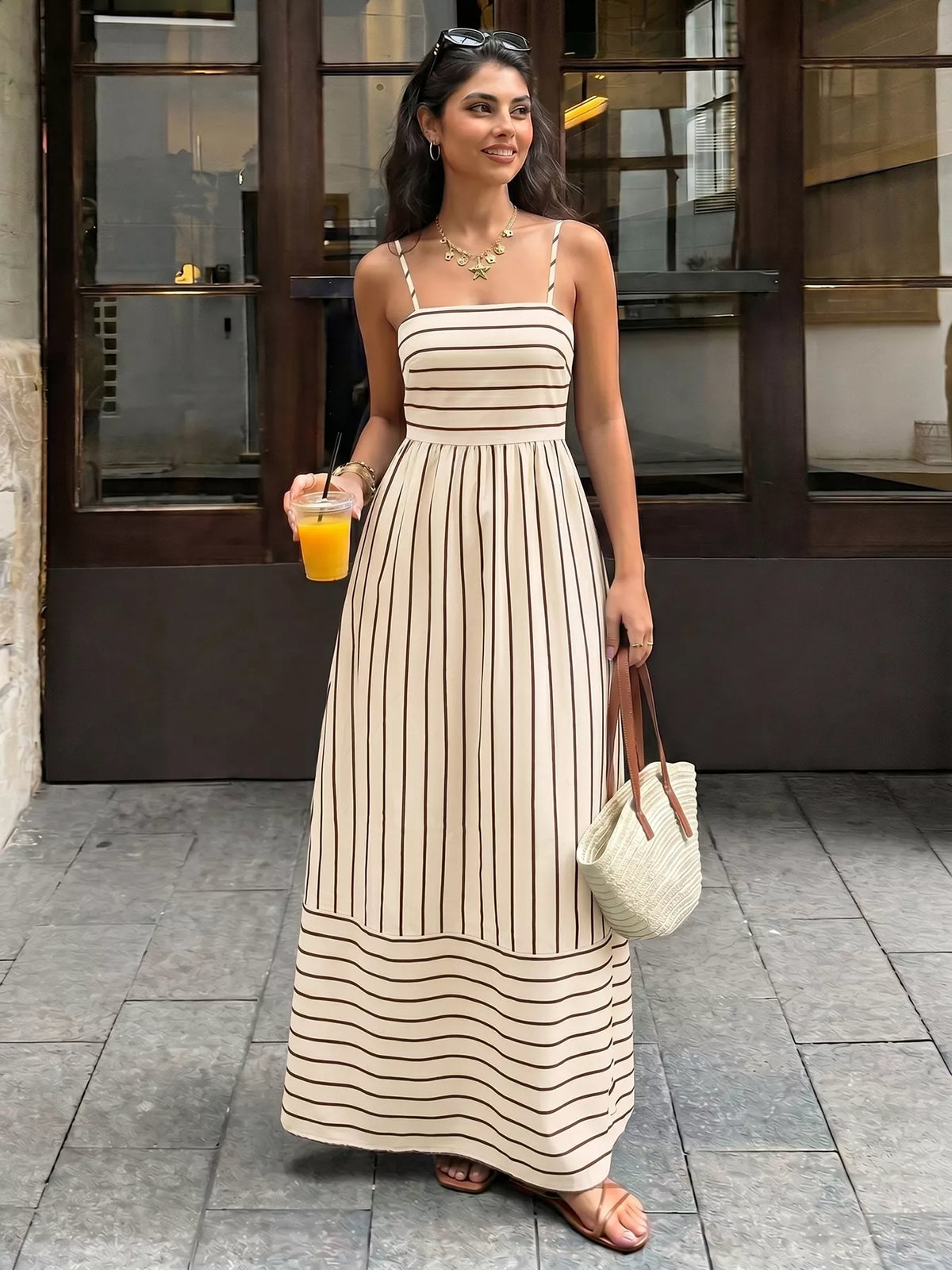 Striped Spaghetti Strap Maxi Dress with Cutout