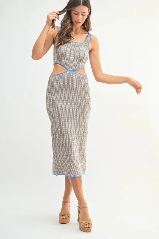 Chevron Knit Bodycon Midi Dress in Aqua