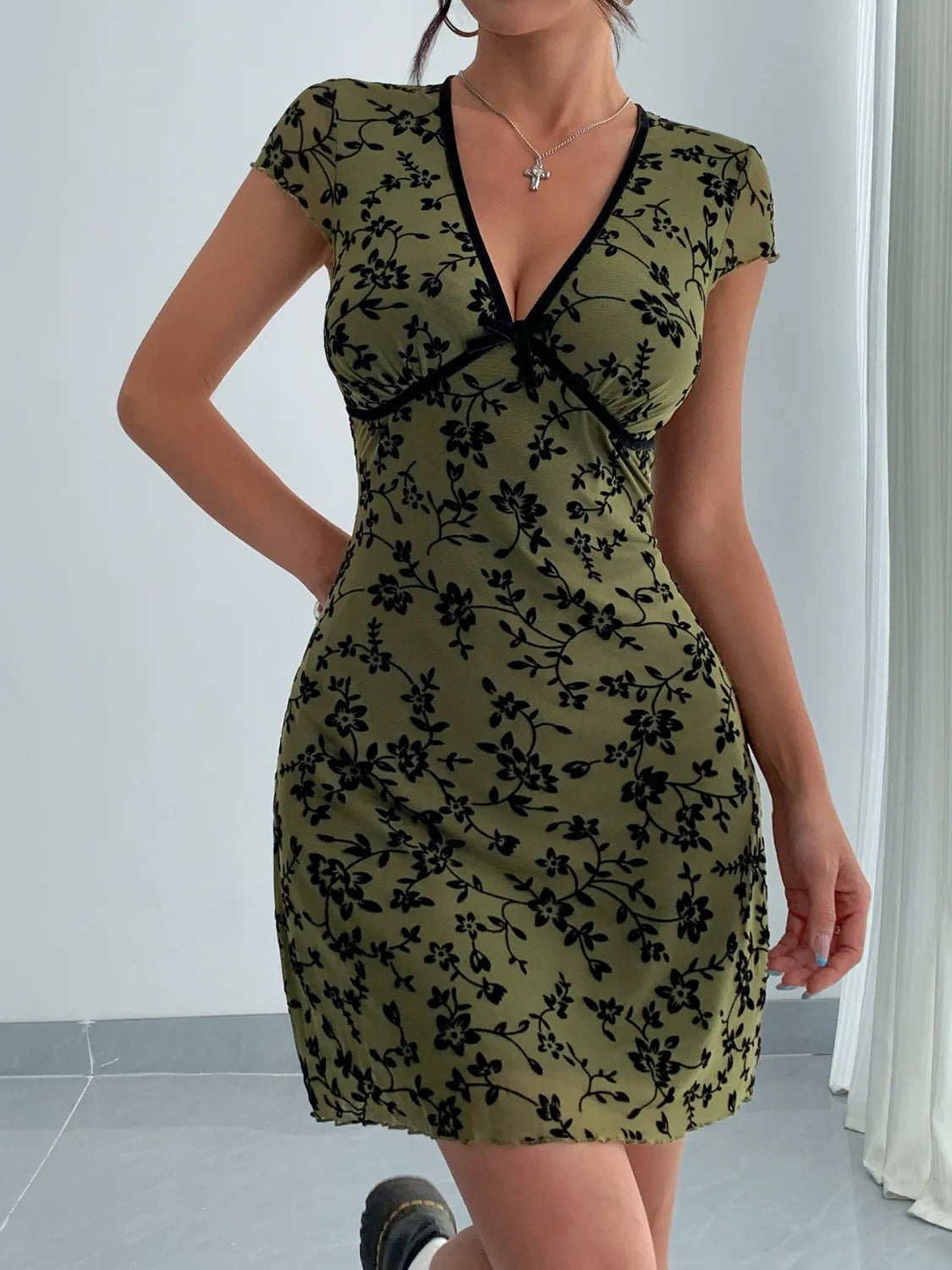 Printed V-Neck Mini Dress in Moss