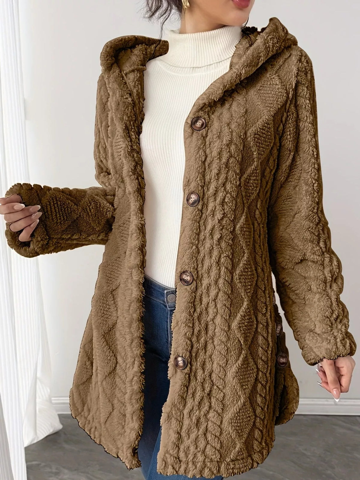 Cozy Cable-Knit Faux Fur Hooded Jacket