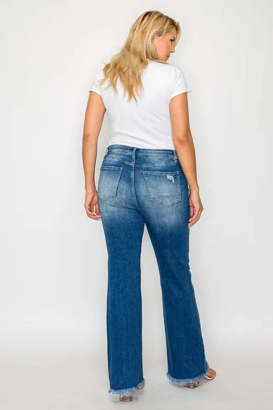 Raw Hem Distressed High Rise Bootcut Jeans in Medium Wash