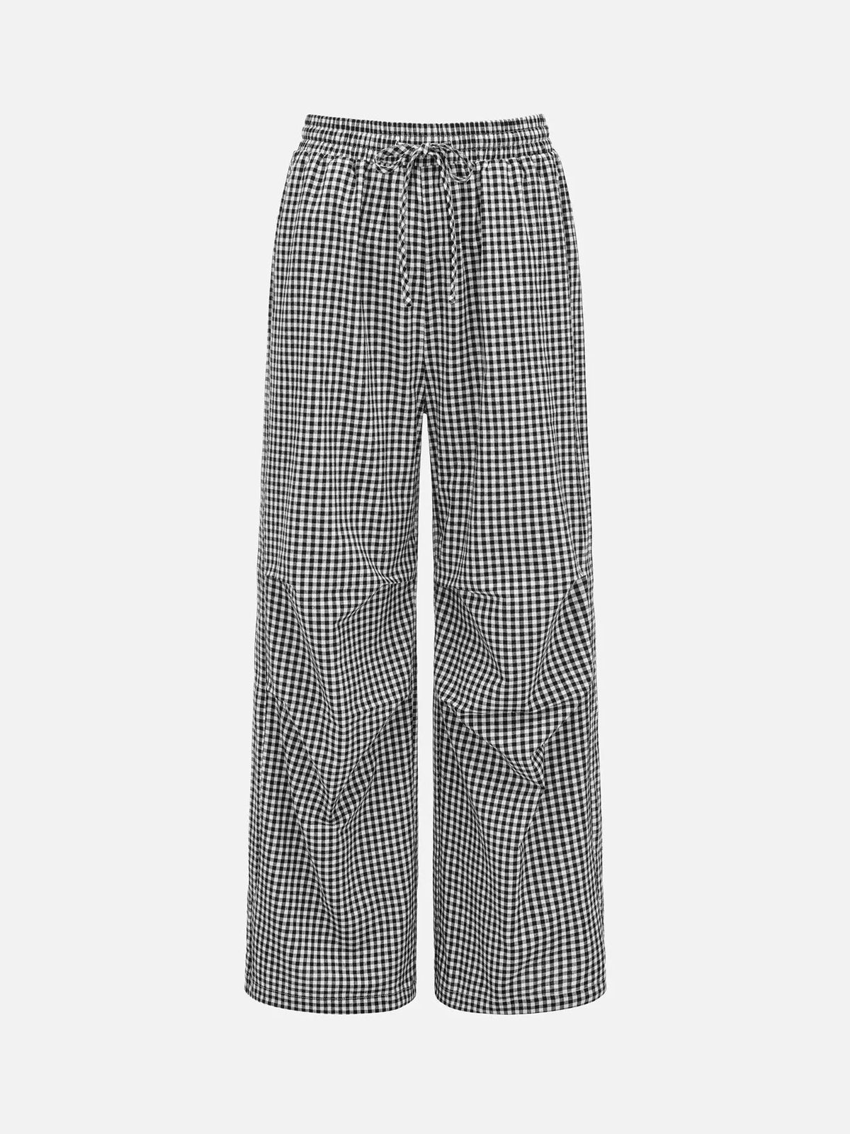 High-Waisted Gingham Drawstring Wide-Leg Pants
