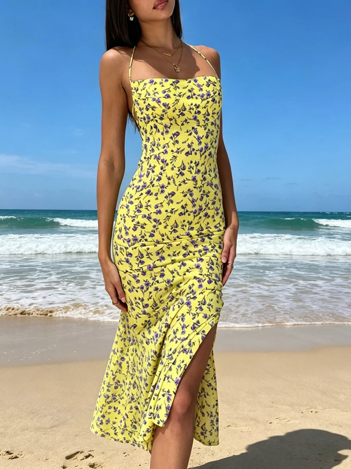Floral Halter Neck Midi Dress in Yellow