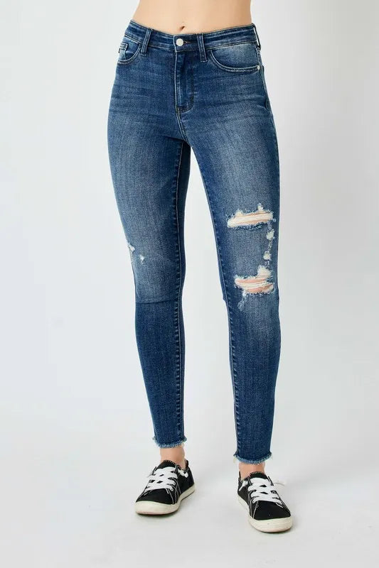 Judy Blue High Waist Distressed Skinny Jeans in Dark Wash