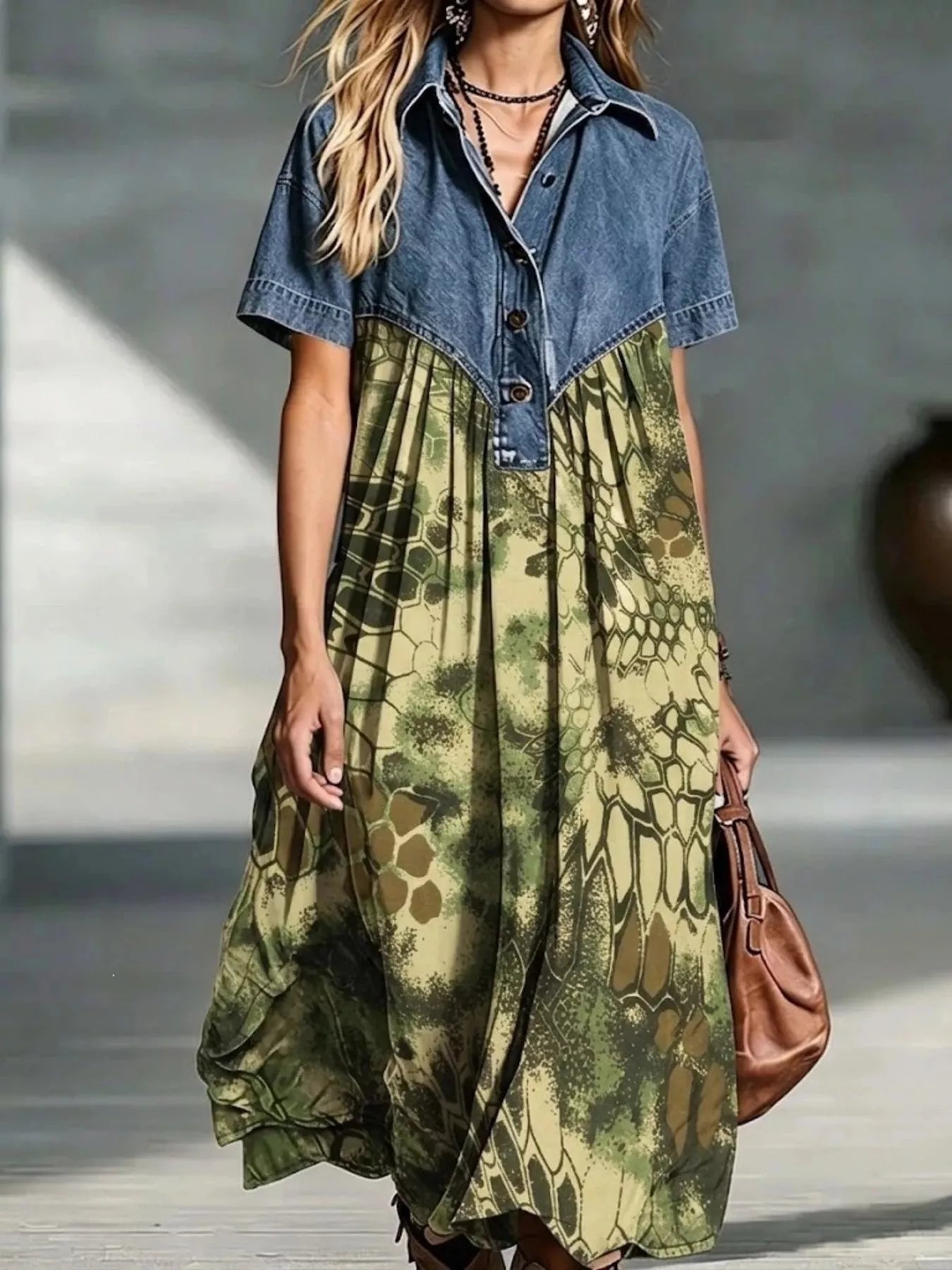 Denim Patchwork Print Shirt Dress