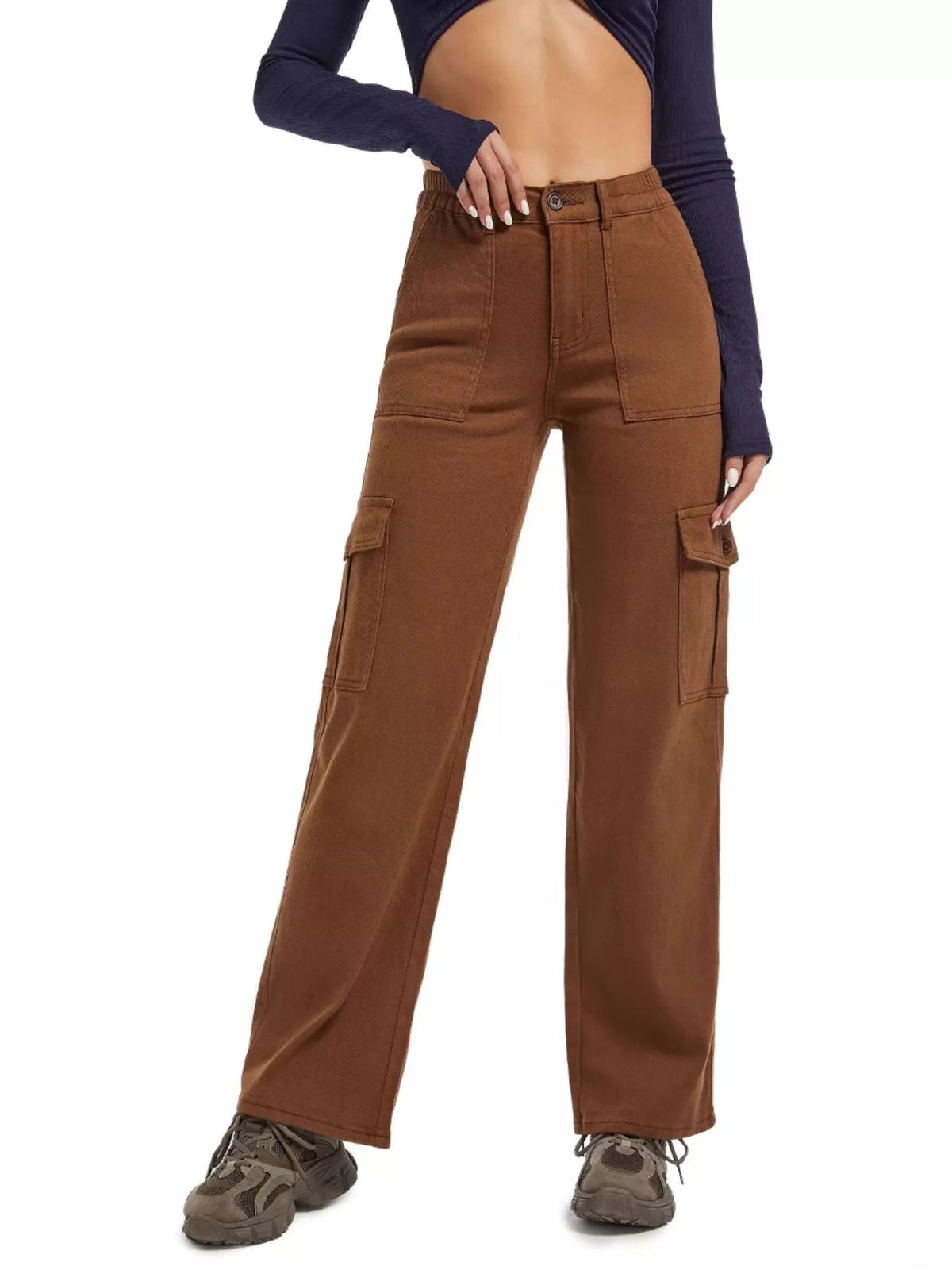 High-Waisted Cargo Jeans with Contrast Stitching