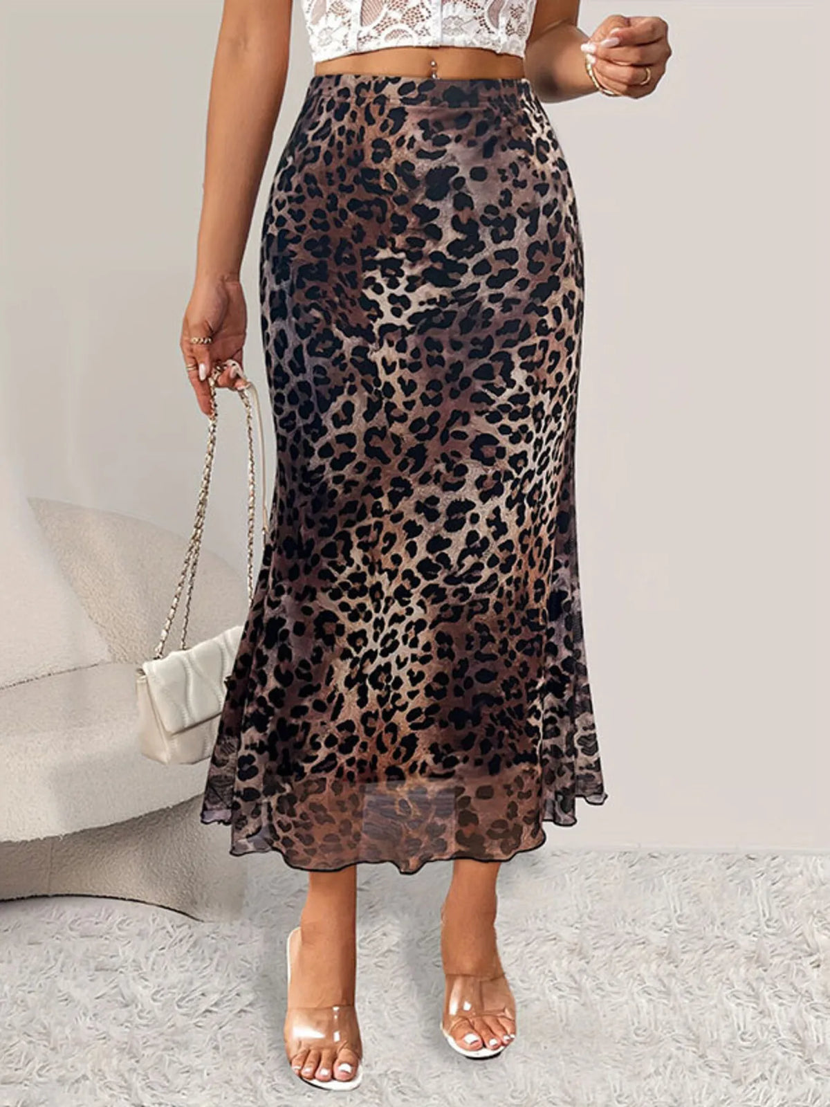 Ruffled Leopard Print Mermaid Midi Skirt