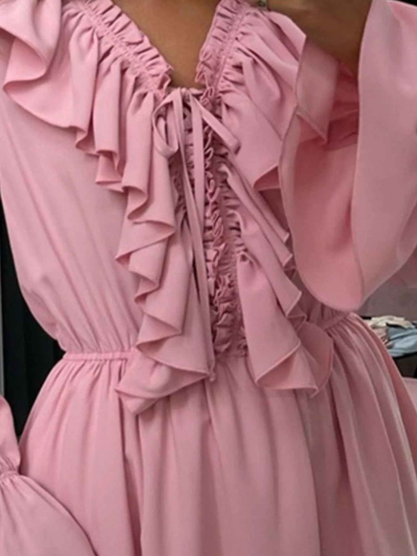 Ruffled V-Neck Long-Sleeve Mini Dress