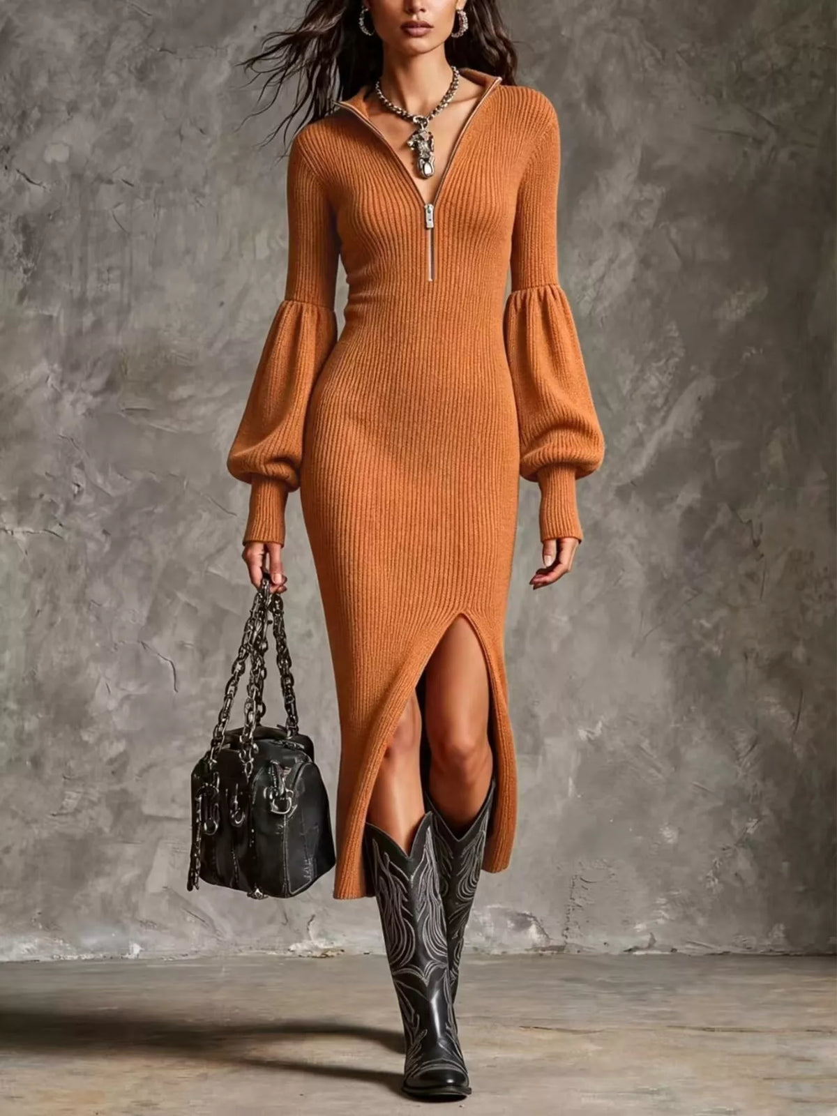 Ribbed Quarter-Zip Lantern Sleeve Sweater Dress