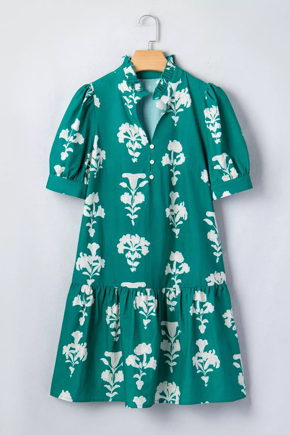 Frilled V-Neck Puff Sleeve Floral Mini Dress in Turquoise