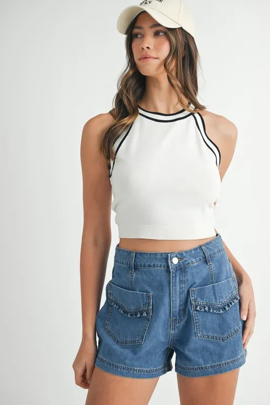 Contrast Trim Grecian Neck Cropped Tank in Off White