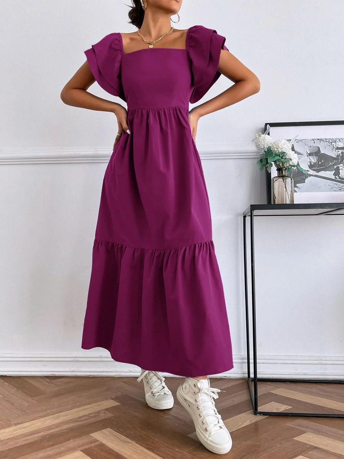 Tiered Ruffle Square-Neck Maxi Dress