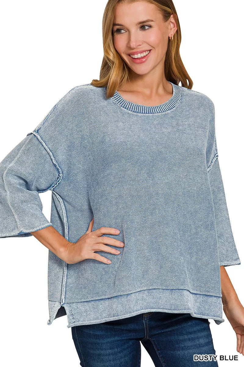 Zenana Washed 3/4 Sleeve Boxy Sweater in Dusty Blue