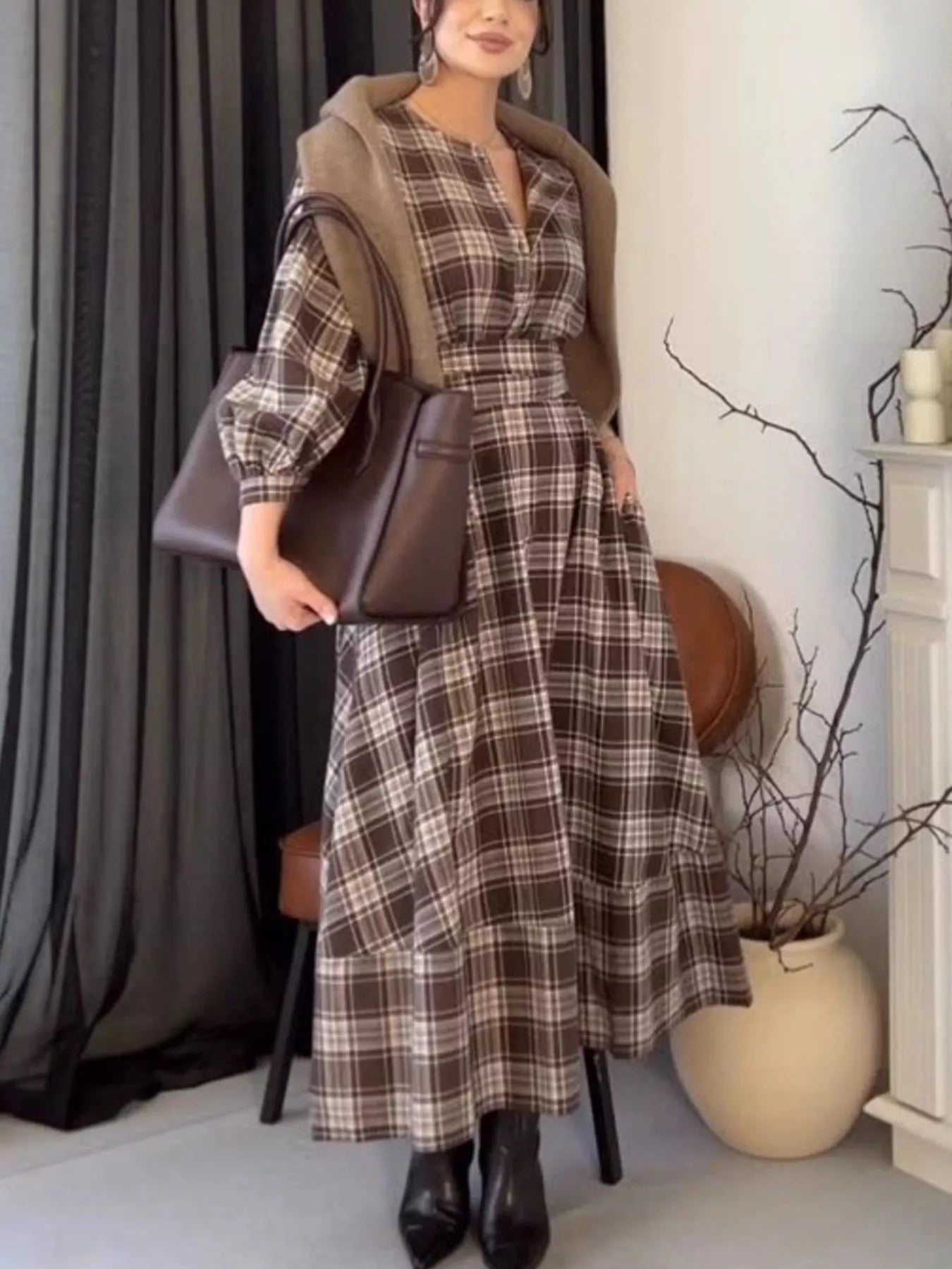 Plaid Puff Sleeve Midi Dress