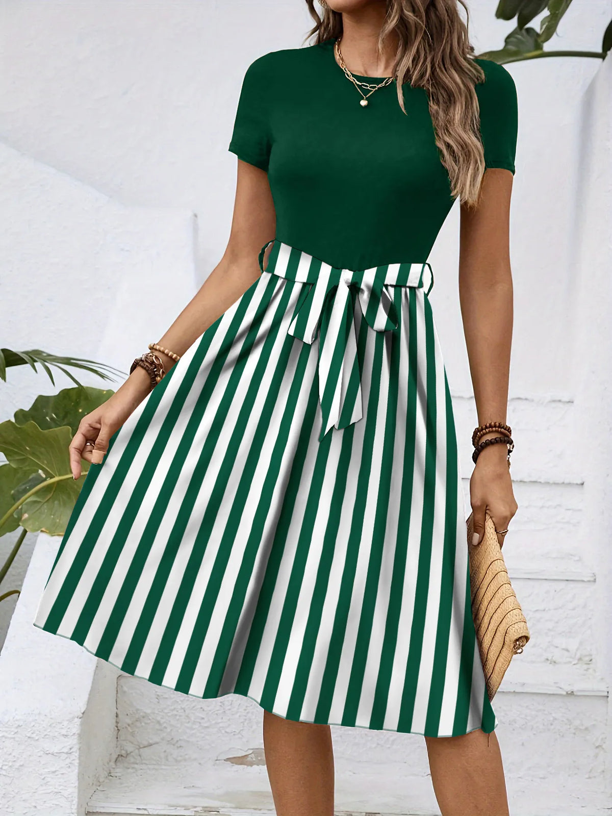 Striped Round-Neck Tie-Detail Dress by Classic Comfort