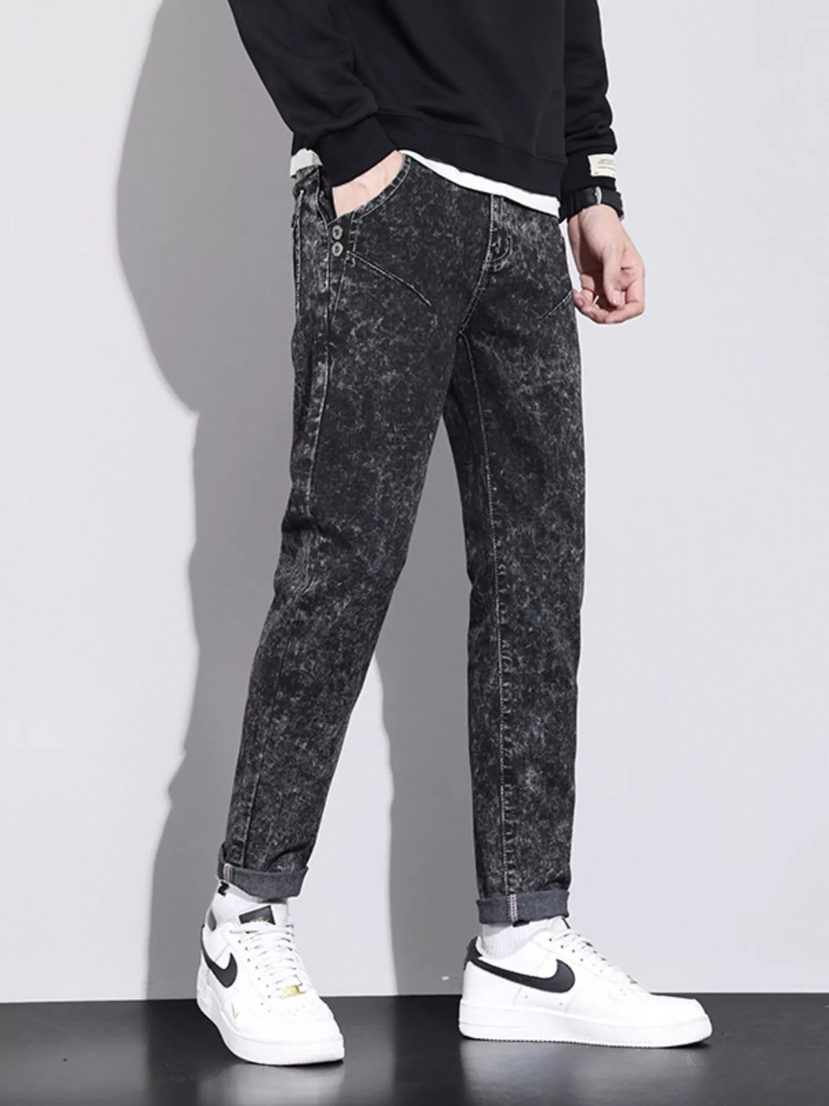 Vintage Acid Wash Slim Fit Jeans in Dark Gray by True Self