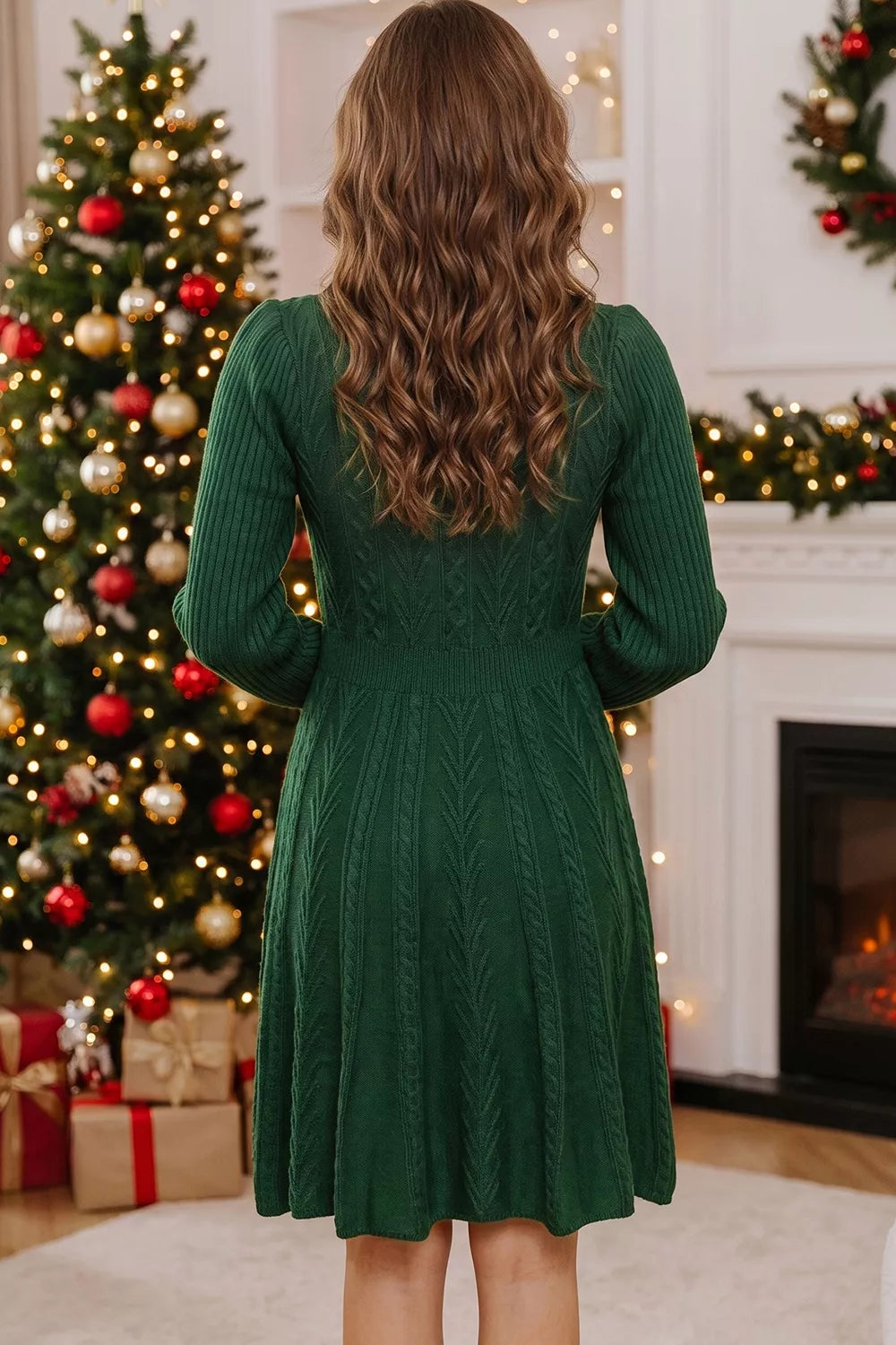Ribbed Cable Knit Bow Mini Dress in Dark Green