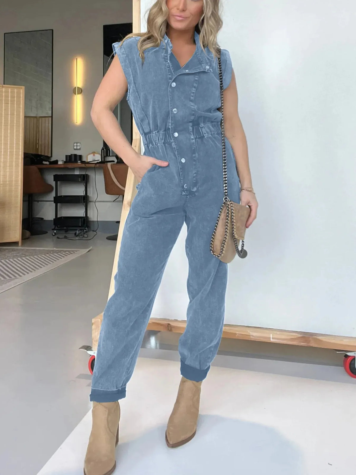 Button Front Cap Sleeve Denim Jumpsuit