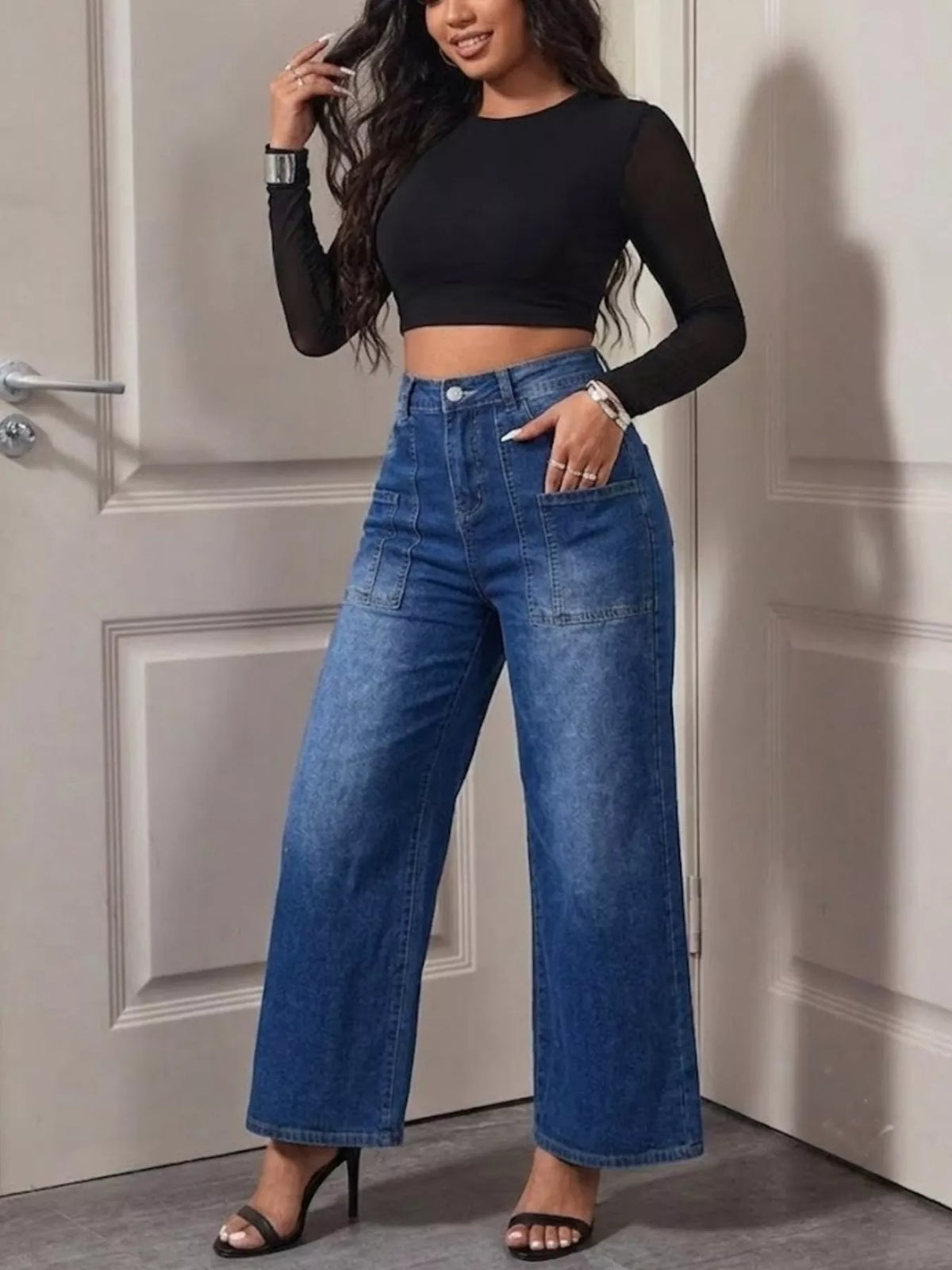 High-Waisted Wide Leg Jeans in Peacock Blue in Peacock  Blue
