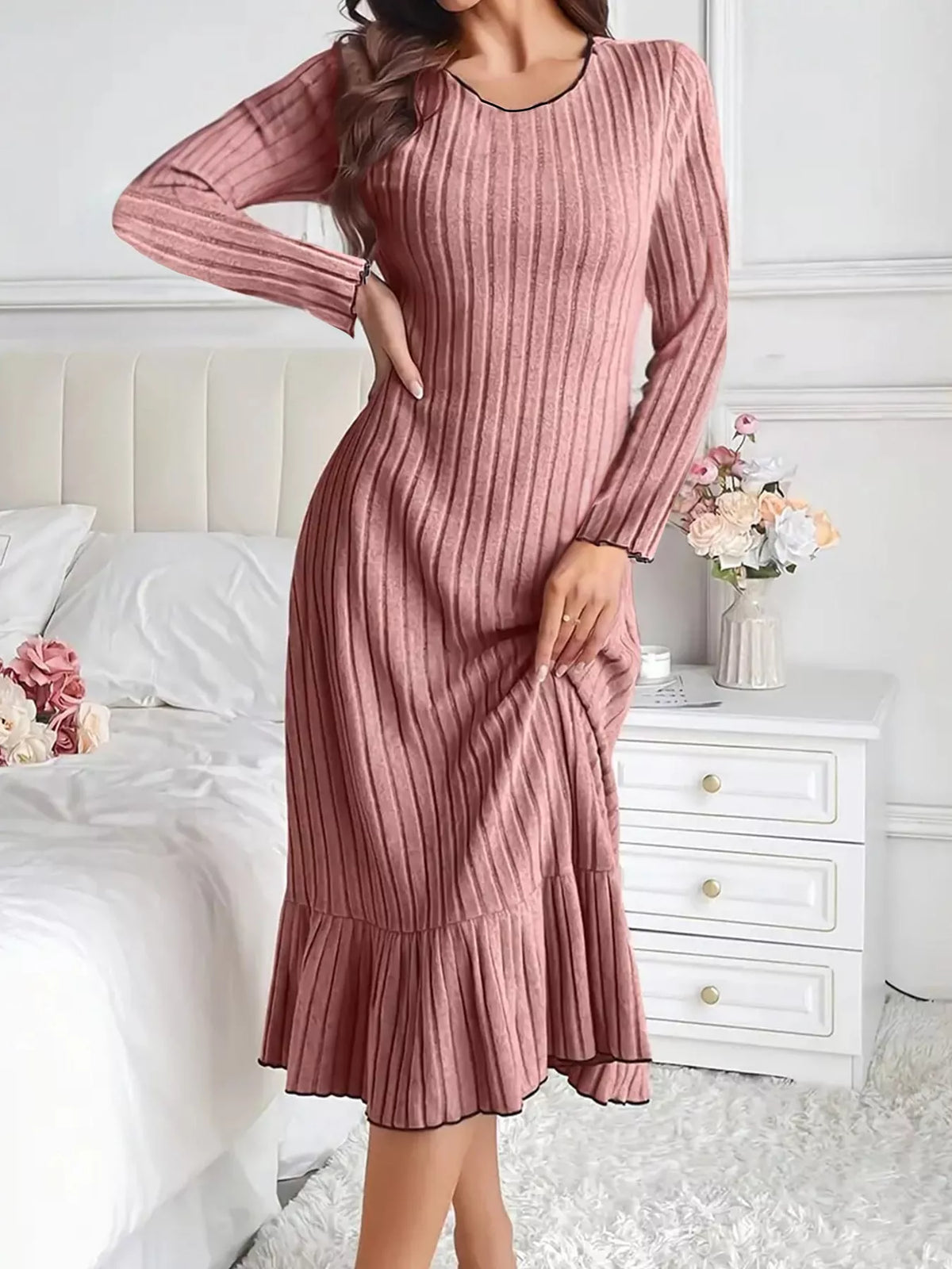 Ribbed Knit Bodycon Dress with Ruffle Hem