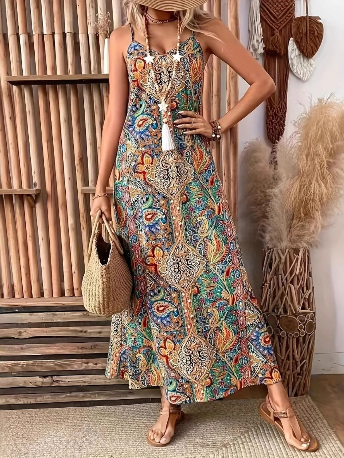 Paisley V-Neck Maxi Dress in Turquoise