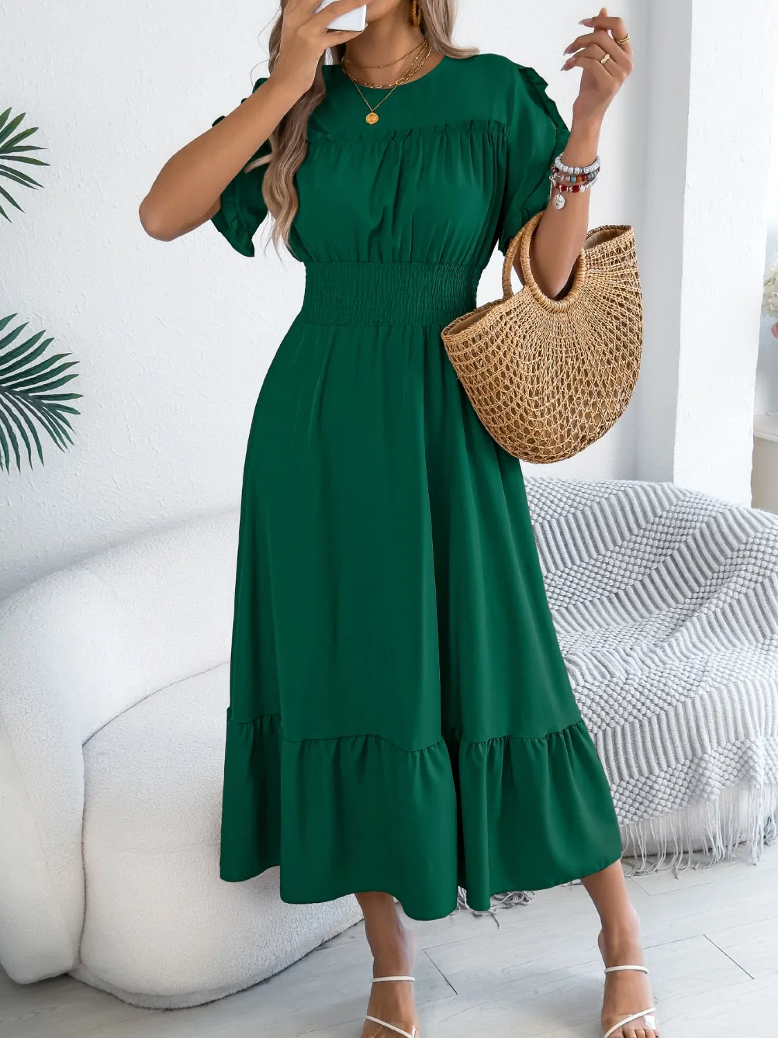 Smocked Frill Round Neck Midi Dress