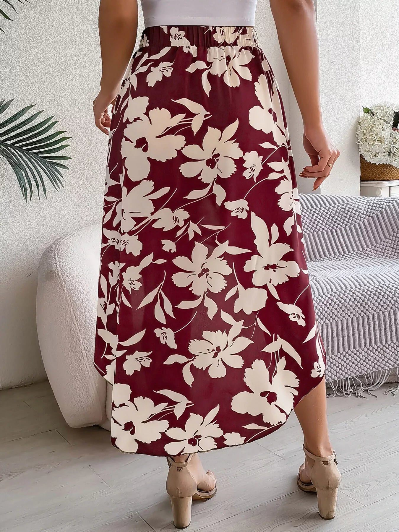 Floral Ruffle Hem Asymmetrical Skirt