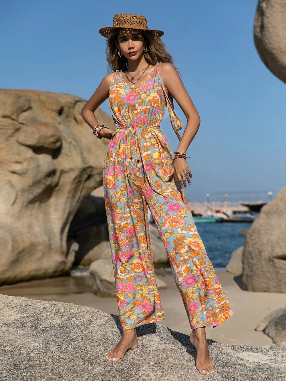 Floral V-Neck Wide Leg Jumpsuit