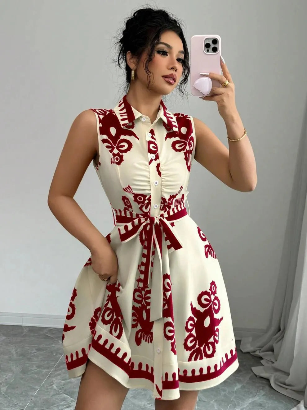 Printed Button-Front Sleeveless Dress