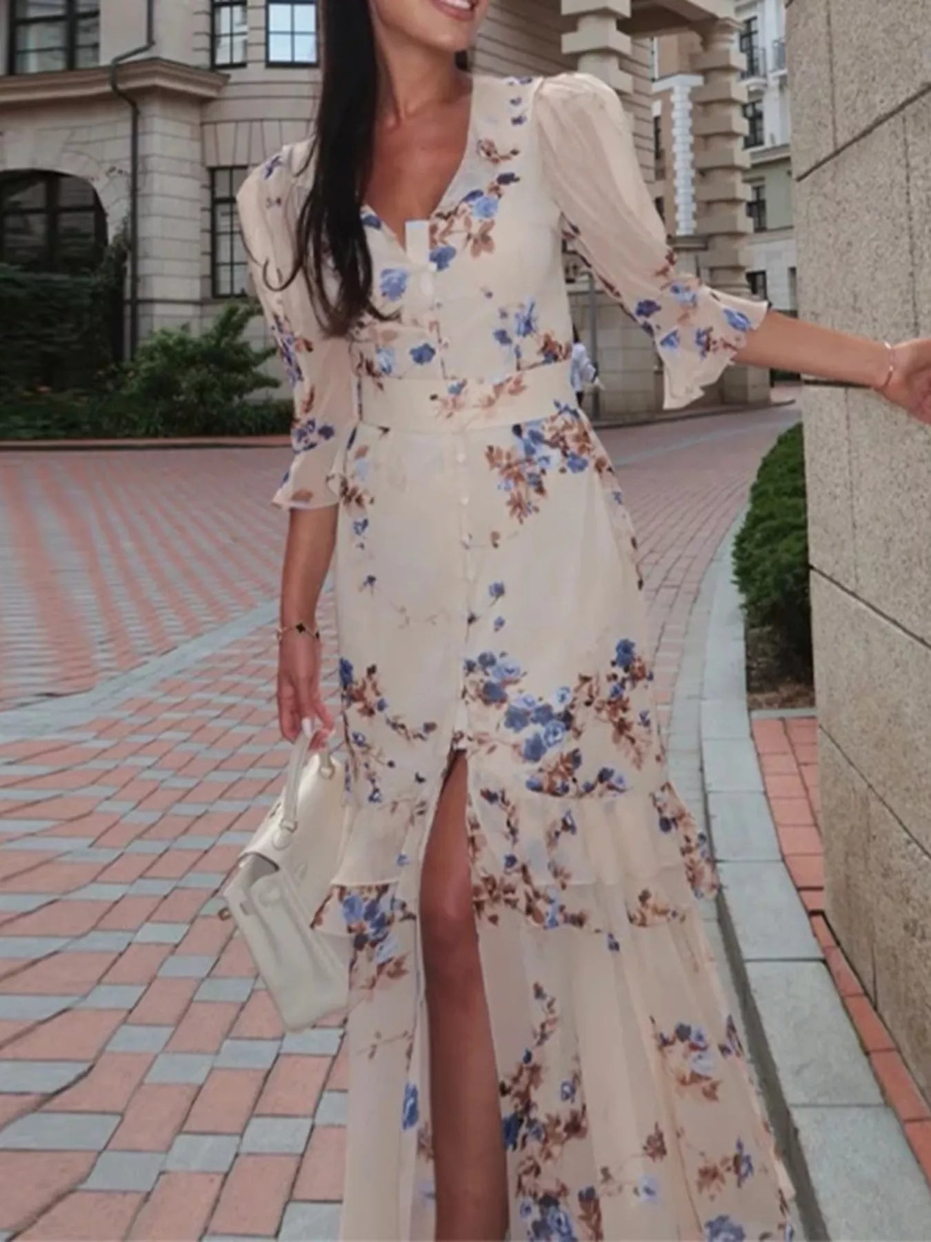 Ruffled Button-Front Half Sleeve Dress