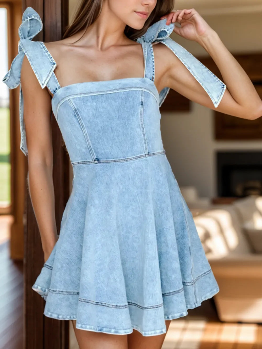 Square Neck Tie Shoulder Denim Dress by Y.Y@Denim