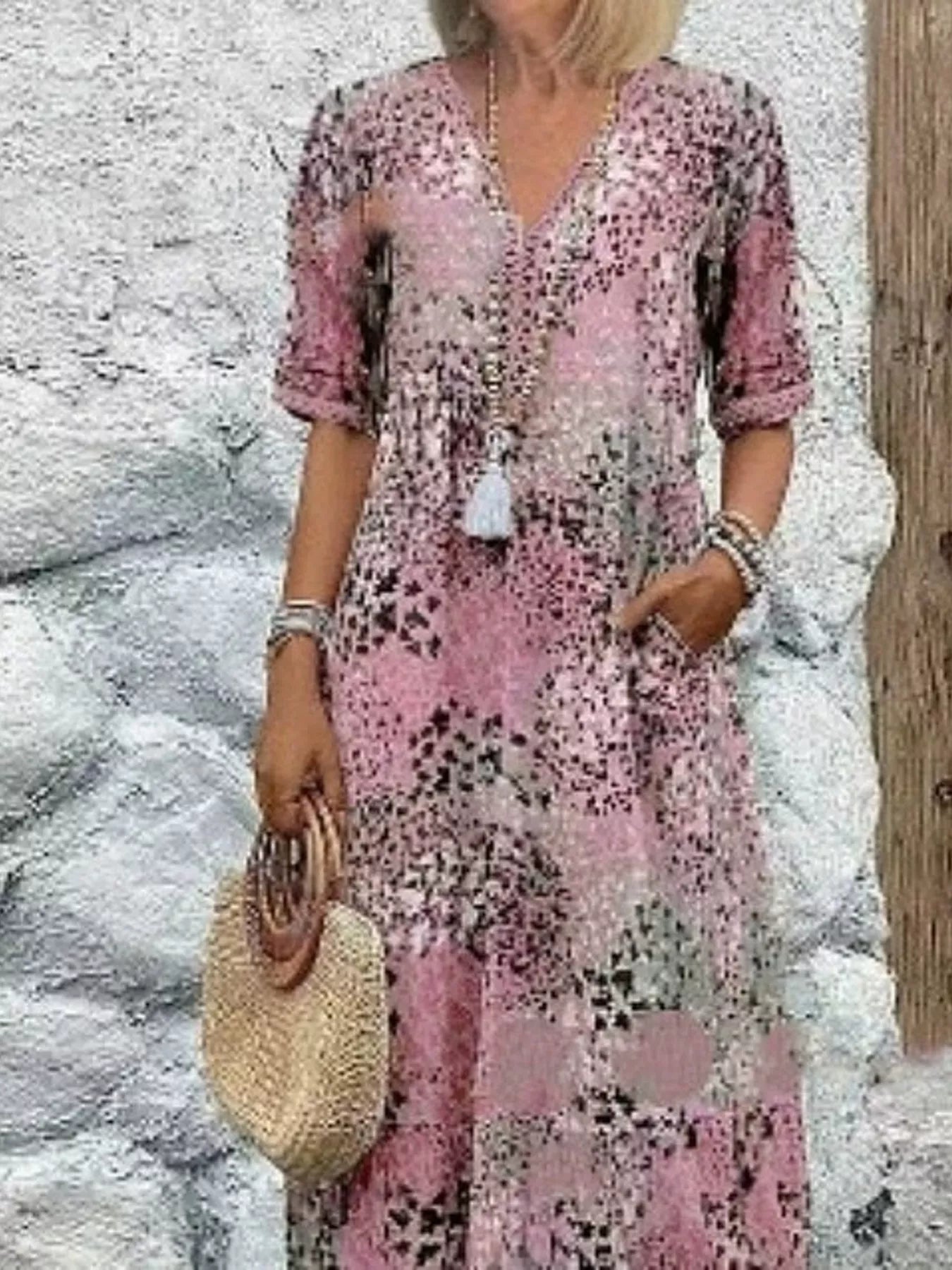 Printed V-Neck Half Sleeve Dress