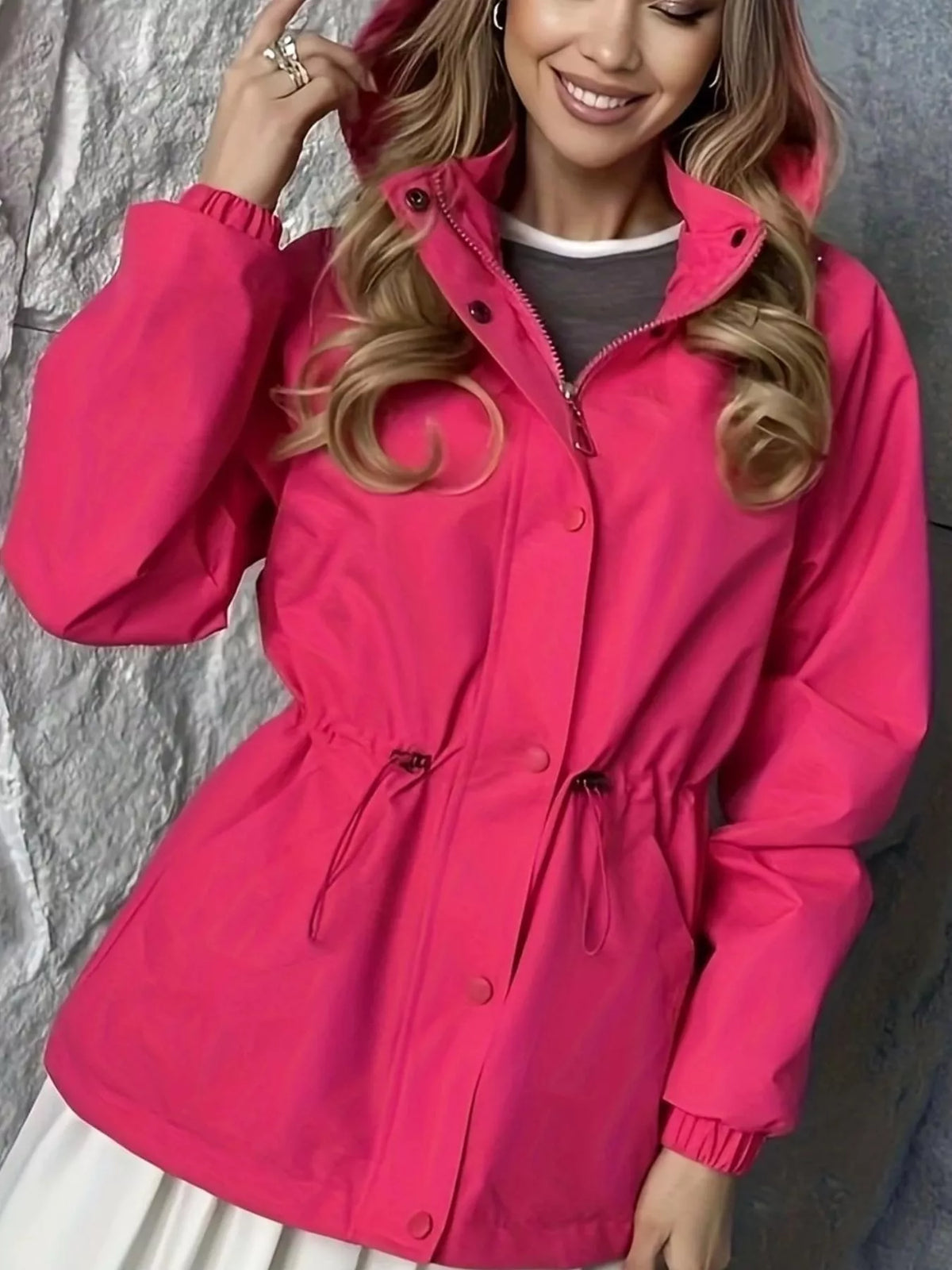 Hooded Drawstring Waist Windbreaker Jacket