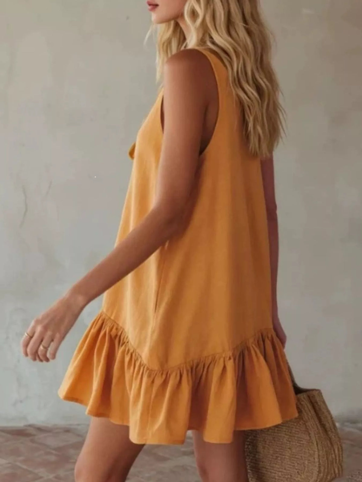 Tie-Front Ruffle Hem Mini Dress in Turmeric