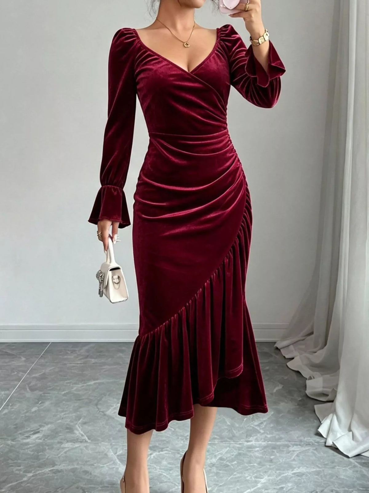 Velvet Ruched Ruffle Hem Midi Dress in Burgundy