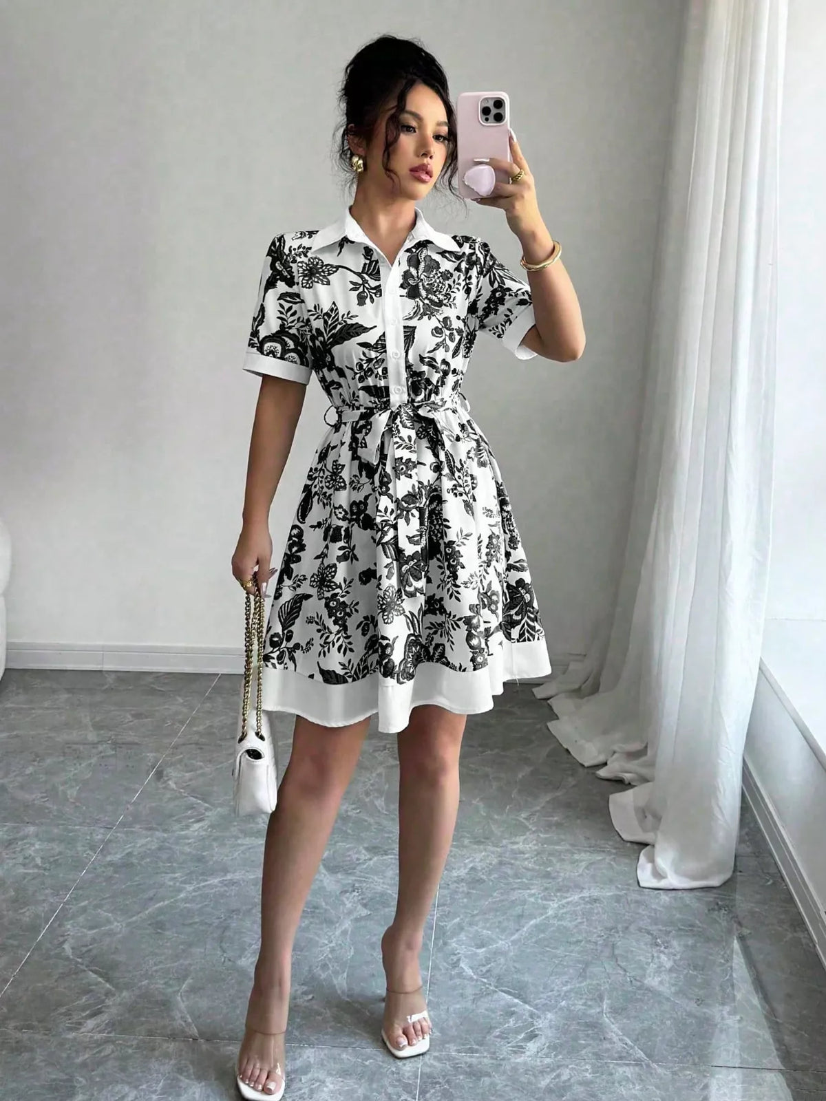 Belted Button-Front Mini Dress