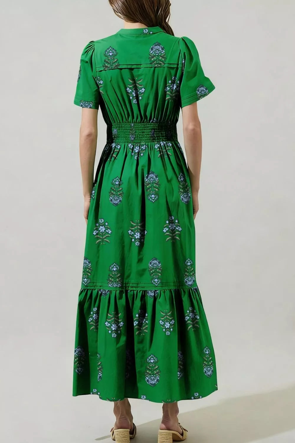 Floral Print Smocked-Waist Maxi Dress in Dark Green