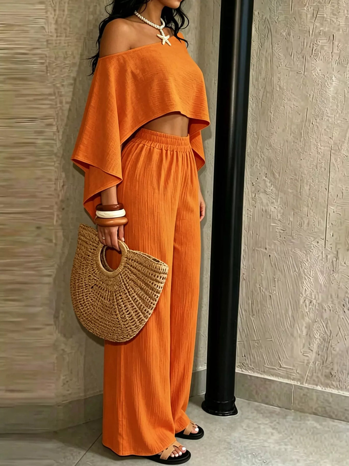 Boat Neck Crop Top and Wide-Leg Pants Set