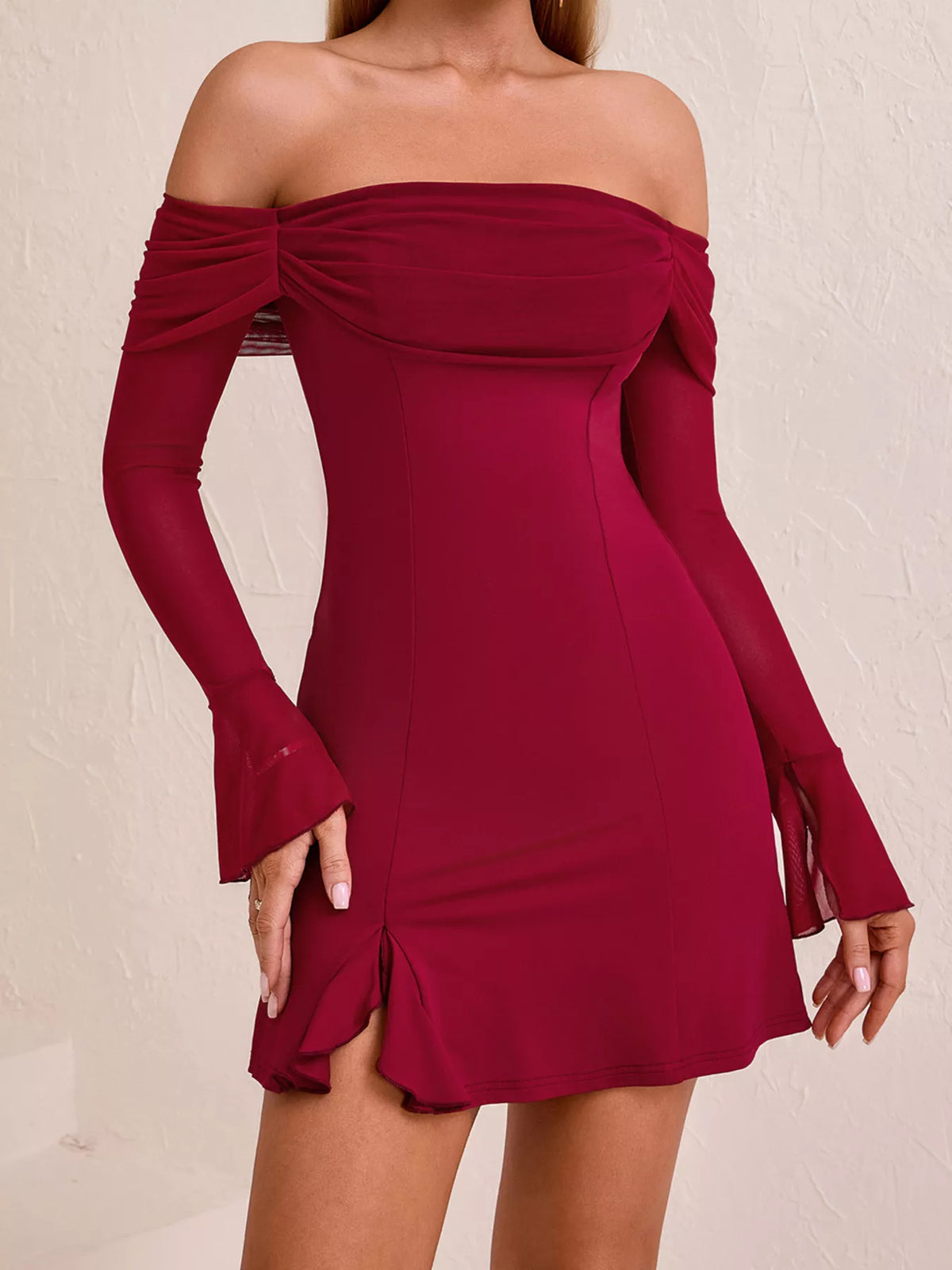 Off-Shoulder Long Sleeve Mesh Mini Dress