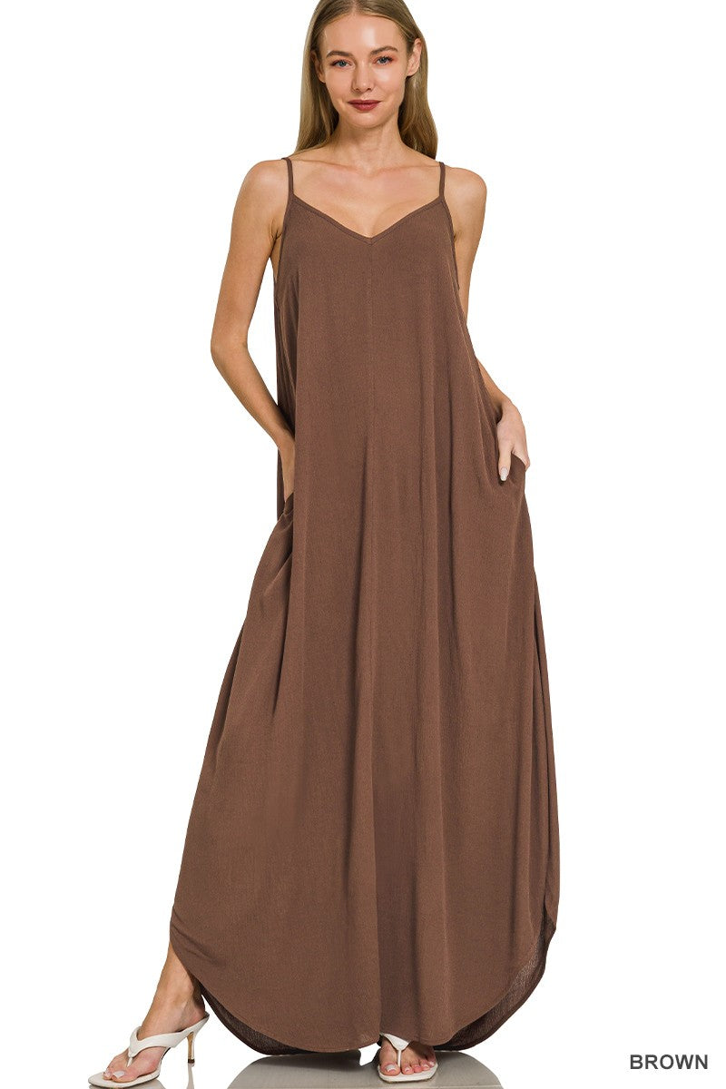 Zenana Crinkle Cami Maxi Dress in Brown