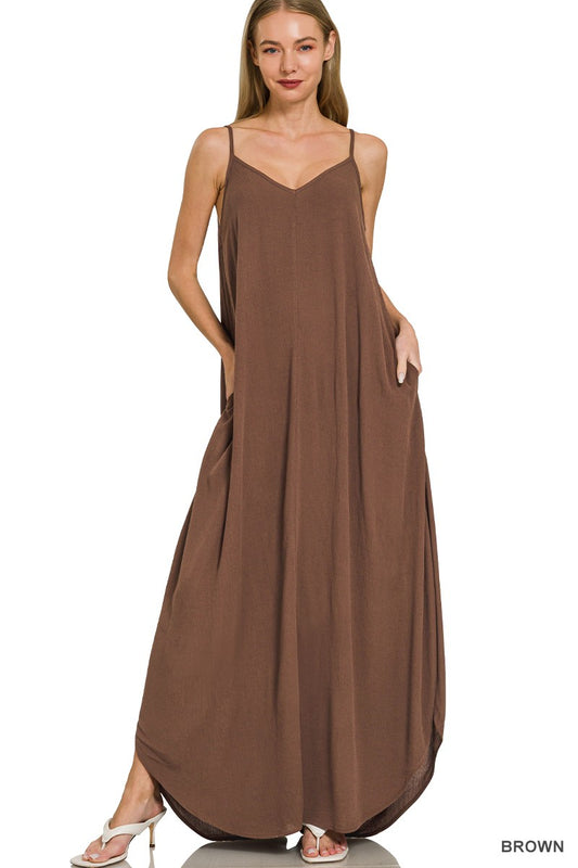 Zenana Crinkle Cami Maxi Dress in Brown
