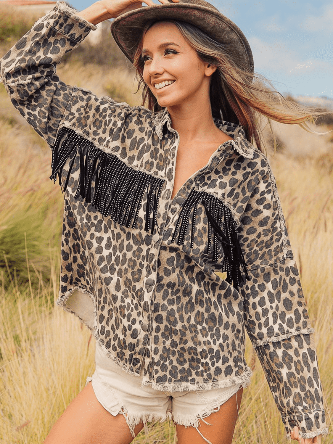 Leopard Fringe Detail Collared Denim Jacket