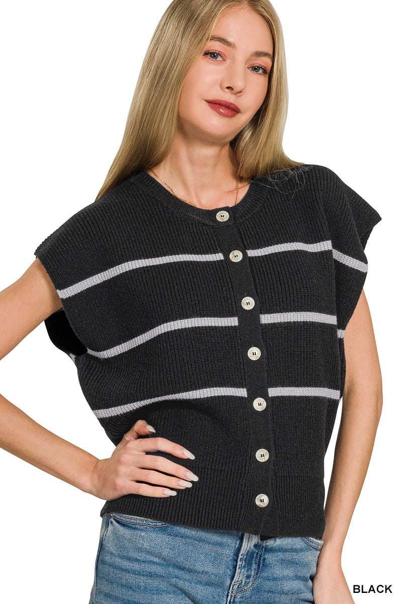 Zenana Striped Button-Down Sweater Vest in Black