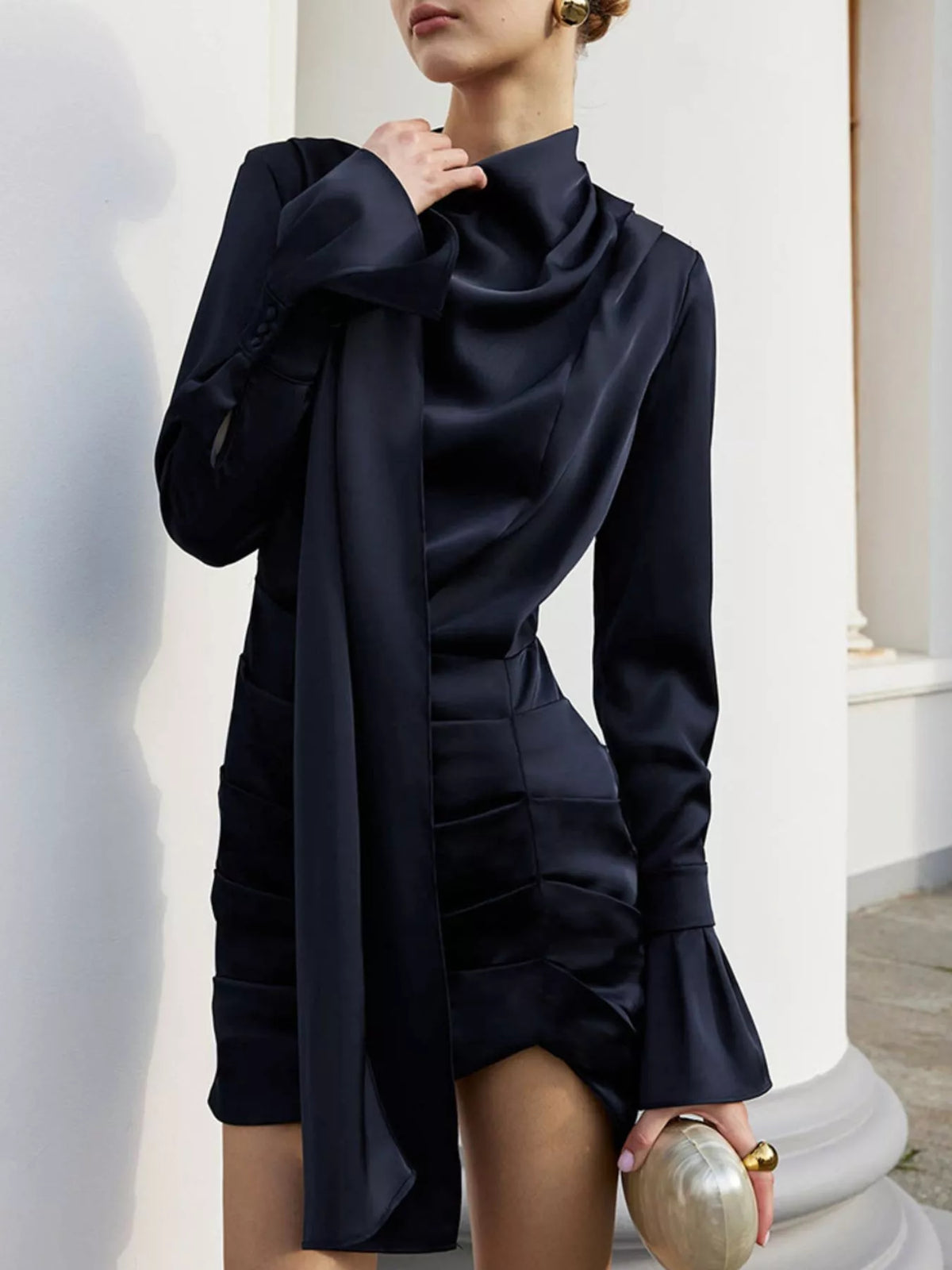 Mock Neck Flounce-Sleeve Dress in Dark Navy