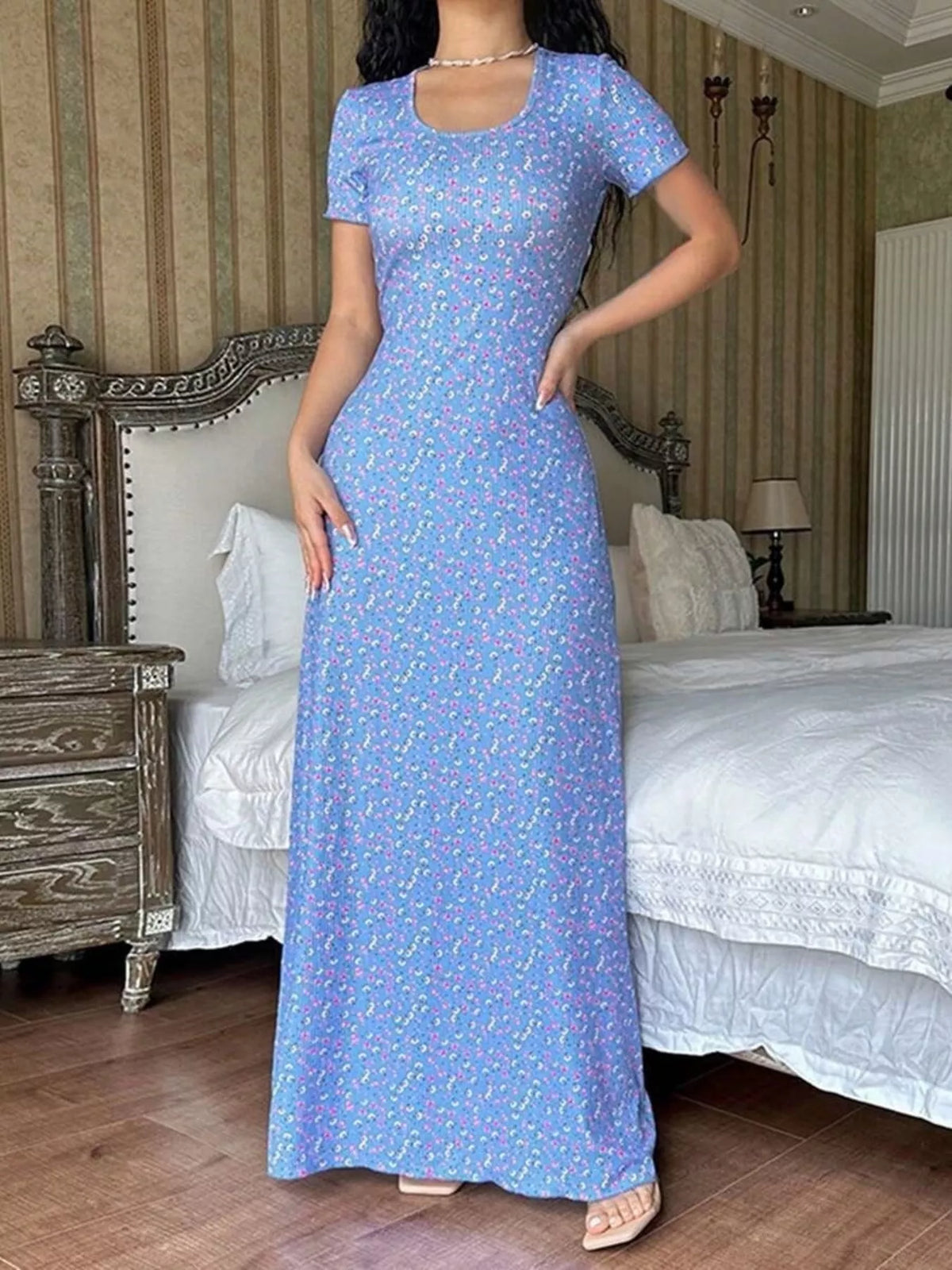 Floral Print Short Sleeve Maxi Dress