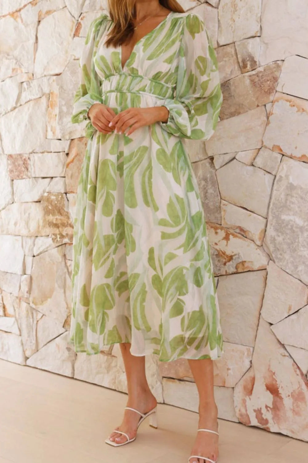 Ruched V-Neck Long Sleeve Midi Dress in Light Green