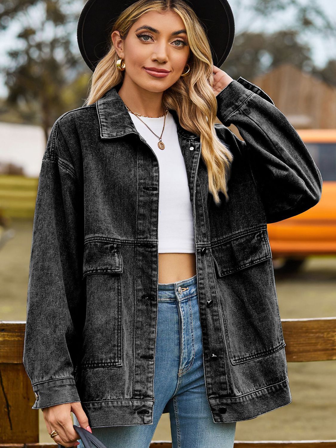 Dropped Shoulder Denim Jacket with Pockets by Manny