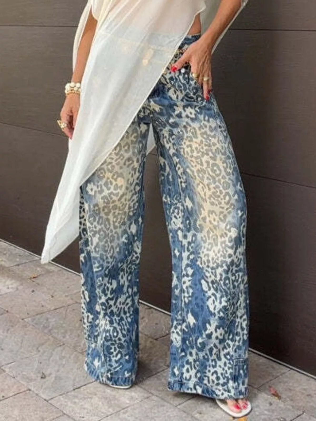 Leopard Wide Leg Jeans in Blue