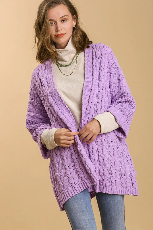 Umgee Cable Knit Open Front Cardigan in Lilac